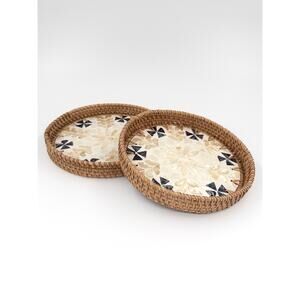 Set of 2 Round Handcrafted Vietnamese Serving Trays in Rattan & Mother of Pearl